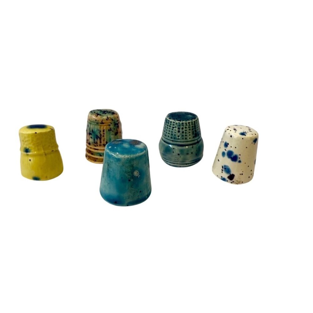 Vintage Set Of 5 Handmade Ceramic Thimbles Blue Yellow White Speckled Designs